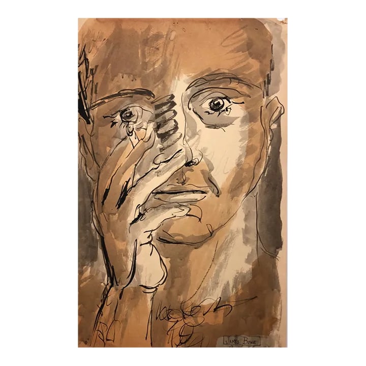 1958 James Bone 28th Birthday Self Portrait: From the estate of Chicago artist James Frederic Bone (1929-2015) Bone was born in Brownsville, Texas and moved to the Hyde Park section of Chicago, IL in the 1970s. MFA University of Arkansas. Signed