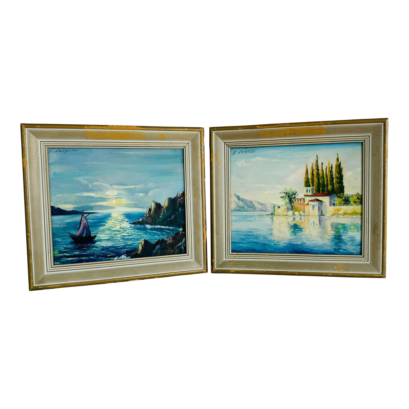 Vintage 1940s Mediterranean Sea Coastal Oil Paintings, a Pair, Framed: Vintage 1940s Mediterranean Sea Coastal Oil Paintings, a Pair. Both are well done oil paintings depicting different sea scapes. Most likely of Italy. Signed on the top left- hand corner and dated 1948