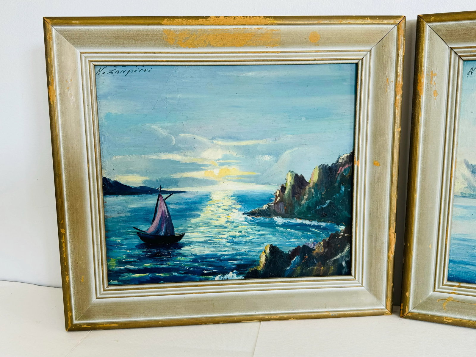 Vintage 1940s Mediterranean Sea Coastal Oil Paintings, a Pair, Framed - 2