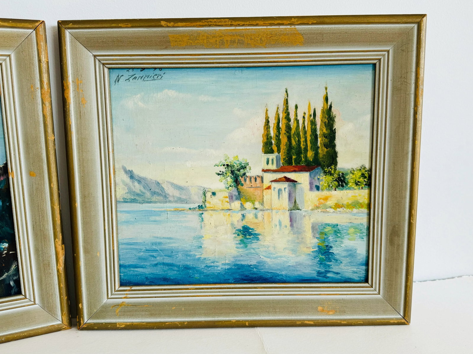 Vintage 1940s Mediterranean Sea Coastal Oil Paintings, a Pair, Framed - 3