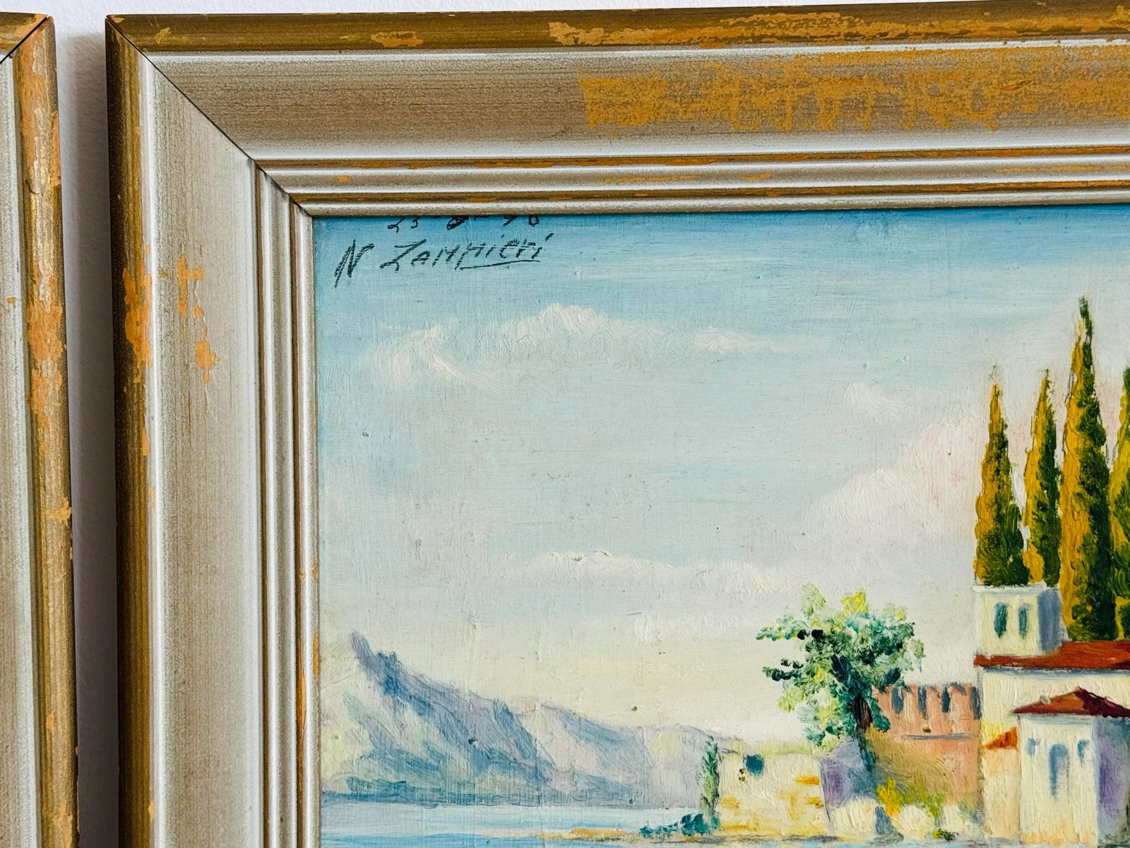 Vintage 1940s Mediterranean Sea Coastal Oil Paintings, a Pair, Framed - 4