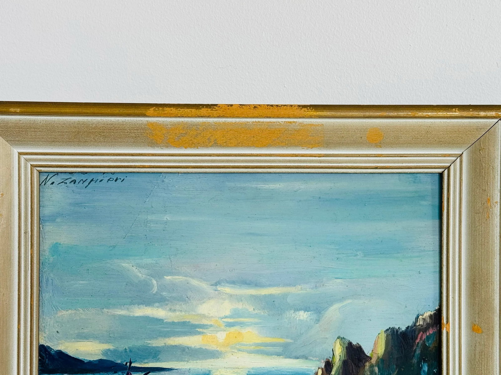 Vintage 1940s Mediterranean Sea Coastal Oil Paintings, a Pair, Framed - 6