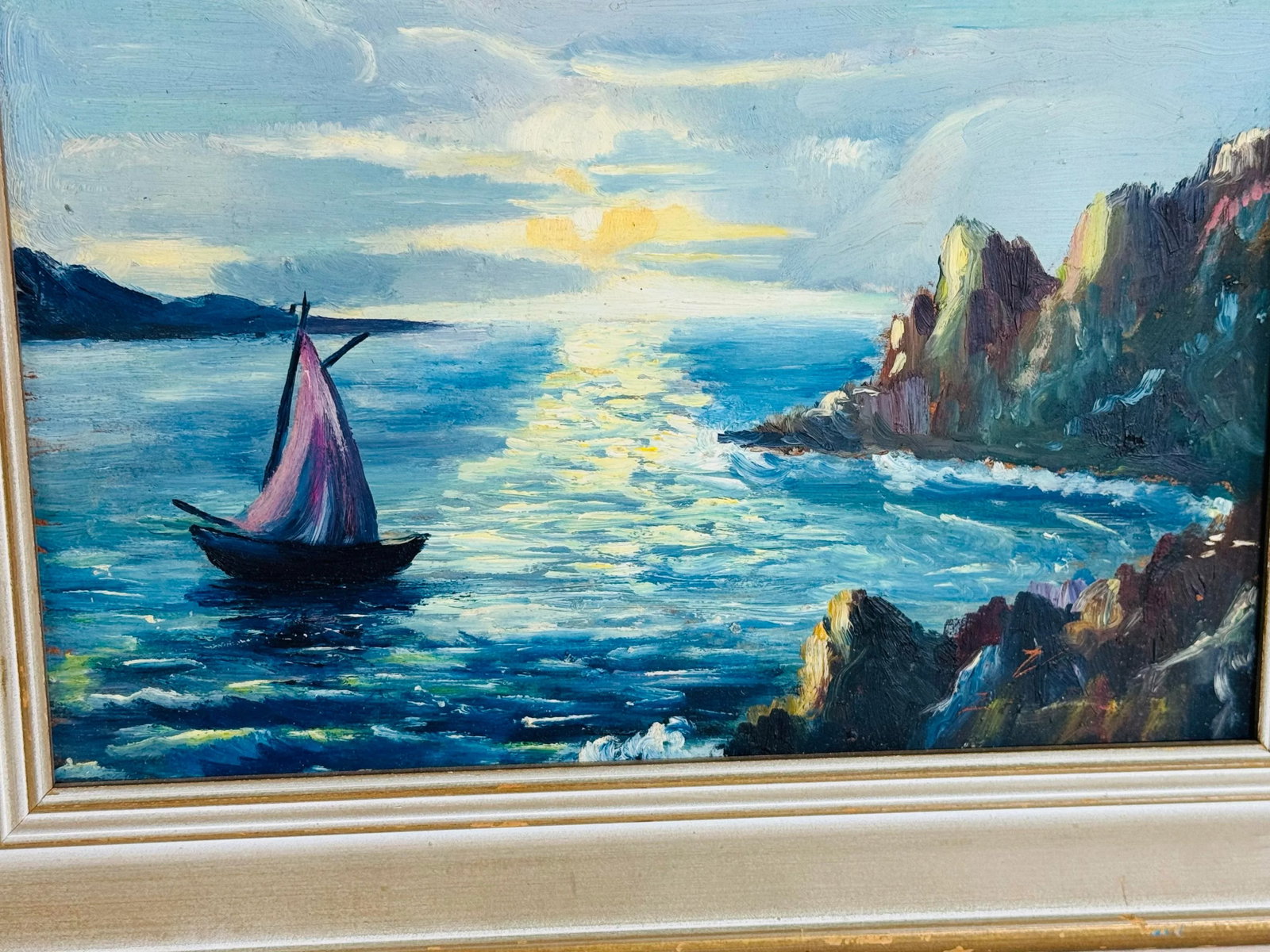Vintage 1940s Mediterranean Sea Coastal Oil Paintings, a Pair, Framed - 7