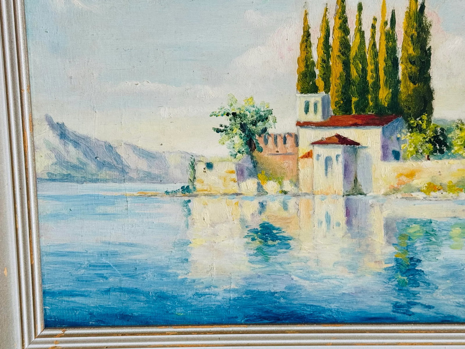 Vintage 1940s Mediterranean Sea Coastal Oil Paintings, a Pair, Framed - 8