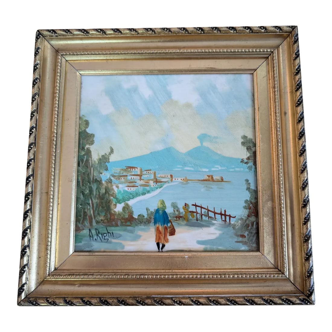 1950s Mid-Century Italian Landscape, Ceramic Tile Painting, Framed: Very lovely and very Italian, this little painting oozes lakeside charm. Painted on a ceramic tile, the scene features a girl walking a path along the lake with a village and mountains in the distance