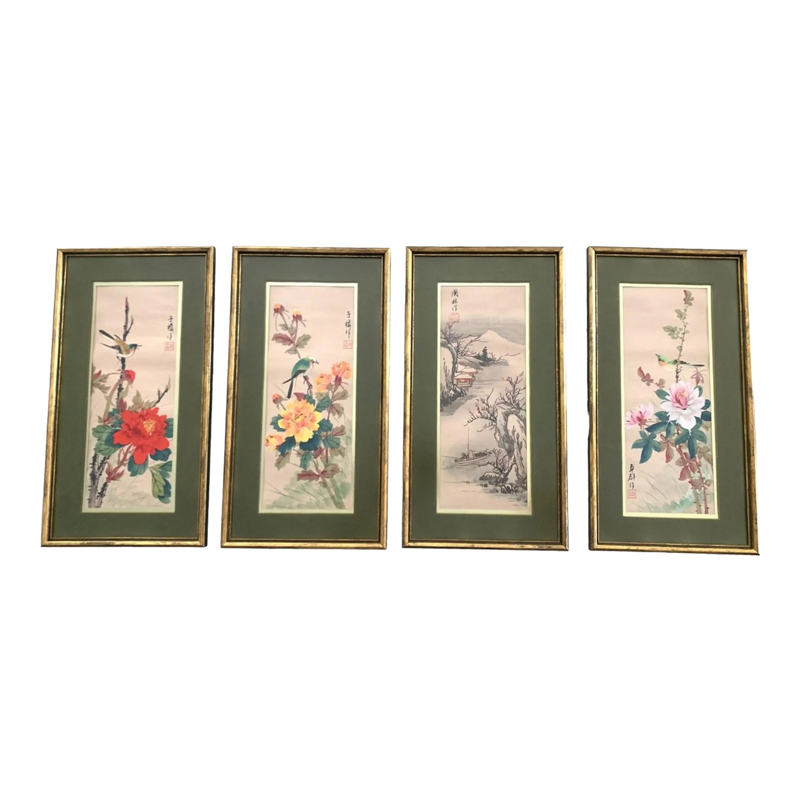 Late 20th Century Set of 4 Vintage Chinese Paintings on Fabric Framed.: Very nice set of Lot of 4 vintage Chinese paintings on fabric framed. Nice watercolors with flowers and birds. Perfect for any Asian room decor. Condition: Alterations: Original Condition Unaltered
