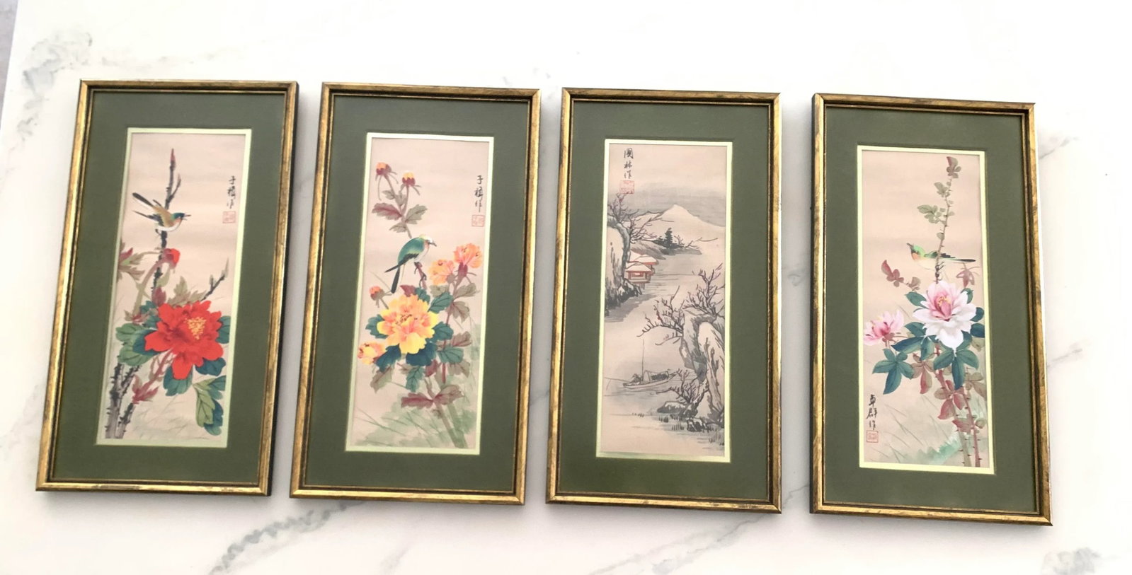 Late 20th Century Set of 4 Vintage Chinese Paintings on Fabric Framed. - 2