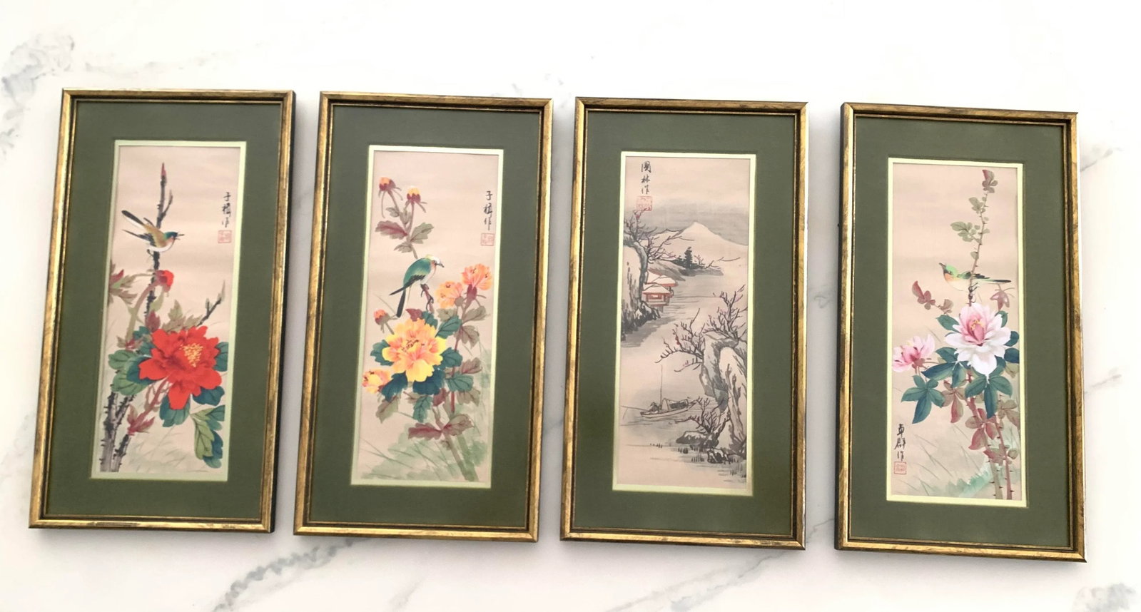 Late 20th Century Set of 4 Vintage Chinese Paintings on Fabric Framed. - 3