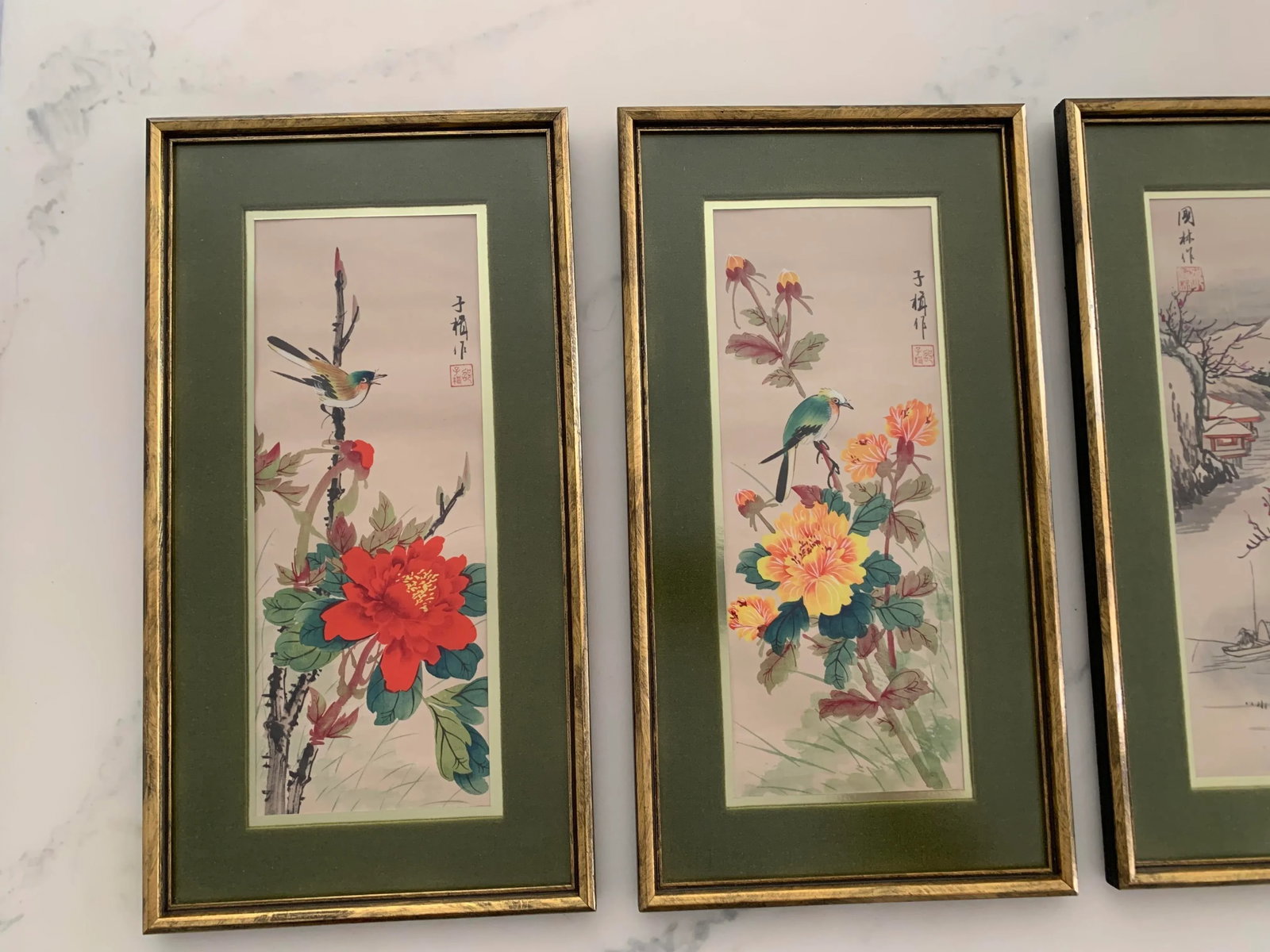 Late 20th Century Set of 4 Vintage Chinese Paintings on Fabric Framed. - 4