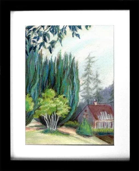 Impressionist Colorful Plein Air Landscape Art Drawing: Colorful and energetic plein air landscape pastel sketch of stately Yew trees. High quality soft and hard pastels on 8" x 10" prepared illustration board. The first photo shows it in a standard frame 