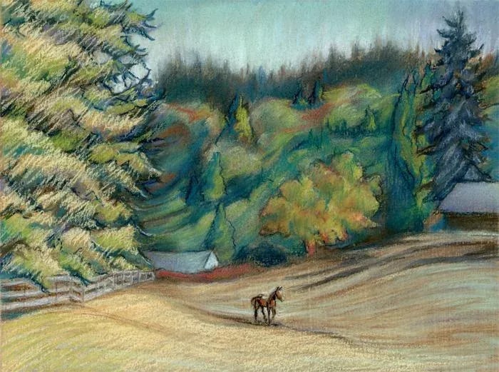 Horse Pasture, Neo-Impressionist Original Landscape Pastel Painting: This would be great for a gallery wall in a framed grouping or could be a wonderful outdoor theme decor piece for a gift, home office or library. "Horse Pasture", plein air pastel painting done on a