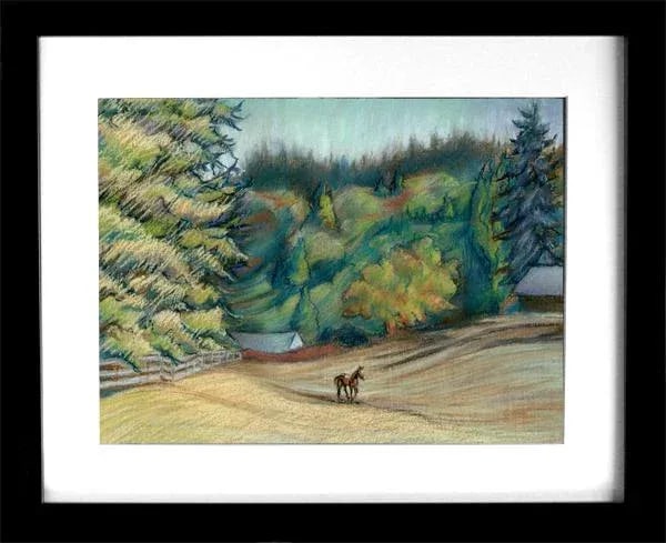 Horse Pasture, Neo-Impressionist Original Landscape Pastel Painting - 2