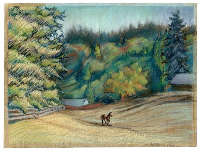 Horse Pasture, Neo-Impressionist Original Landscape Pastel Painting - 3