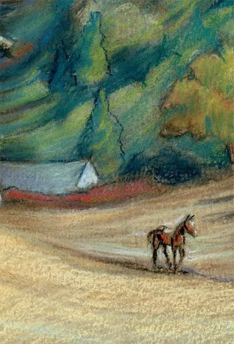 Horse Pasture, Neo-Impressionist Original Landscape Pastel Painting - 4