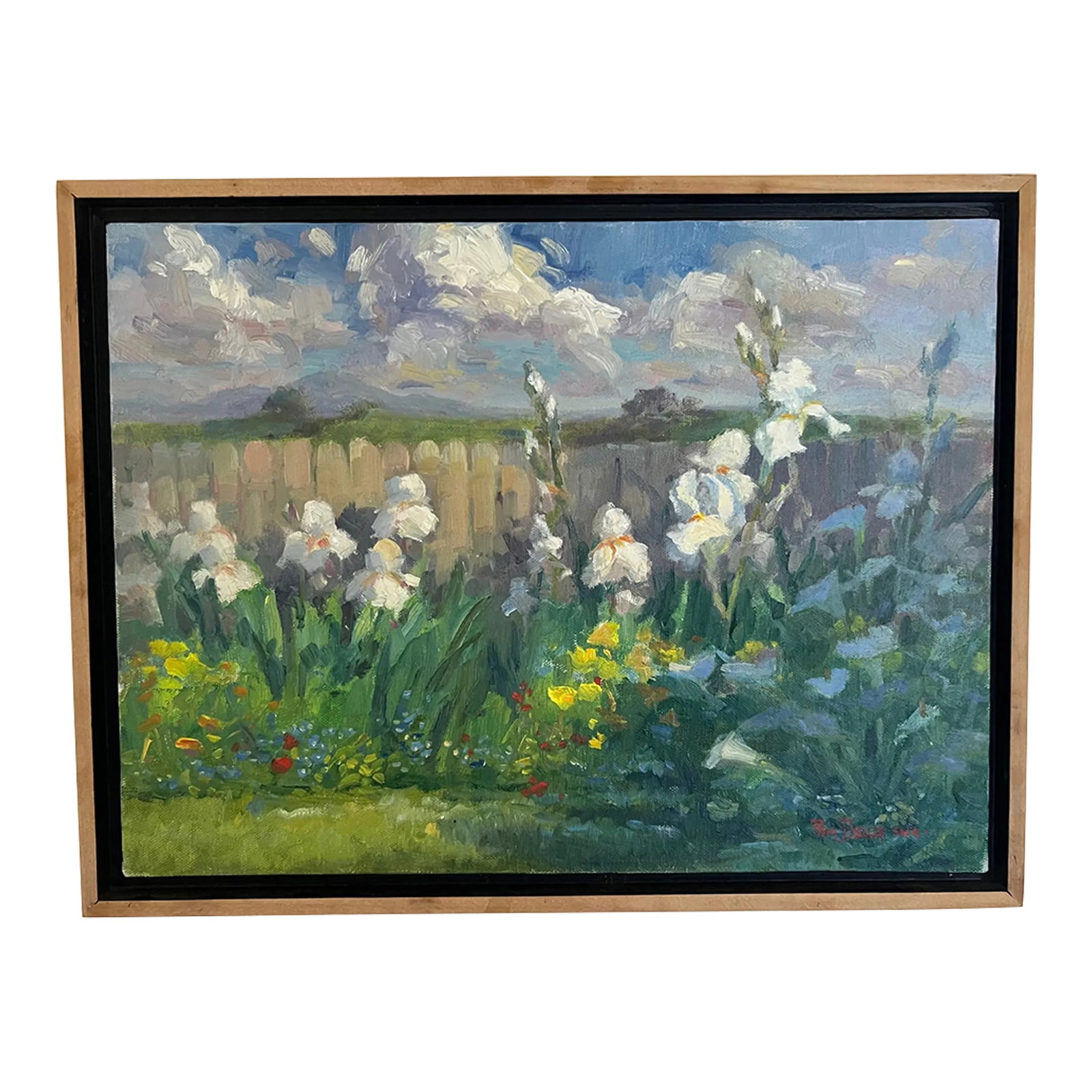 Contemporary Oil Painting on Linen by Pam Della: Landscape oil painting on linen canvas by artist Pam Della. The painting titled "Afternoon Clouds" Nicely framed , inset in a wood frame with black offsetting paint and ready to hang. Painting measure