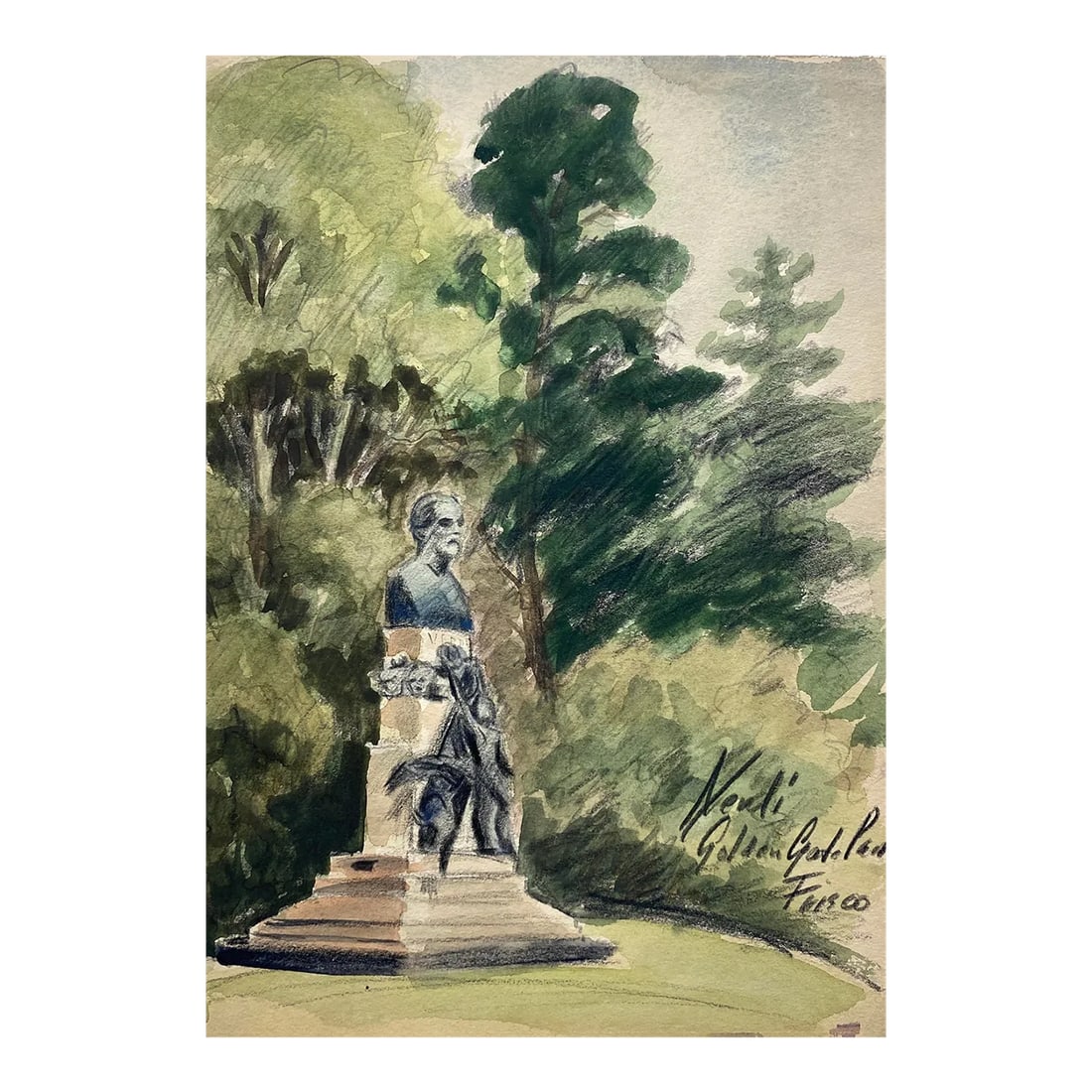 1940s San Francisco Golden Gate Park Verdi Statue Watercolor: This is from a group of unsigned paintings of San Francisco, Northern California and Oregon. "Verdi, Golden Gate Park - Frisco" is watercolor on paper. Giusepe Verdi Monument, dedicated in the park 19