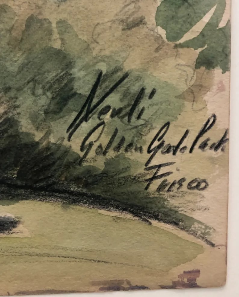 1940s San Francisco Golden Gate Park Verdi Statue Watercolor - 2