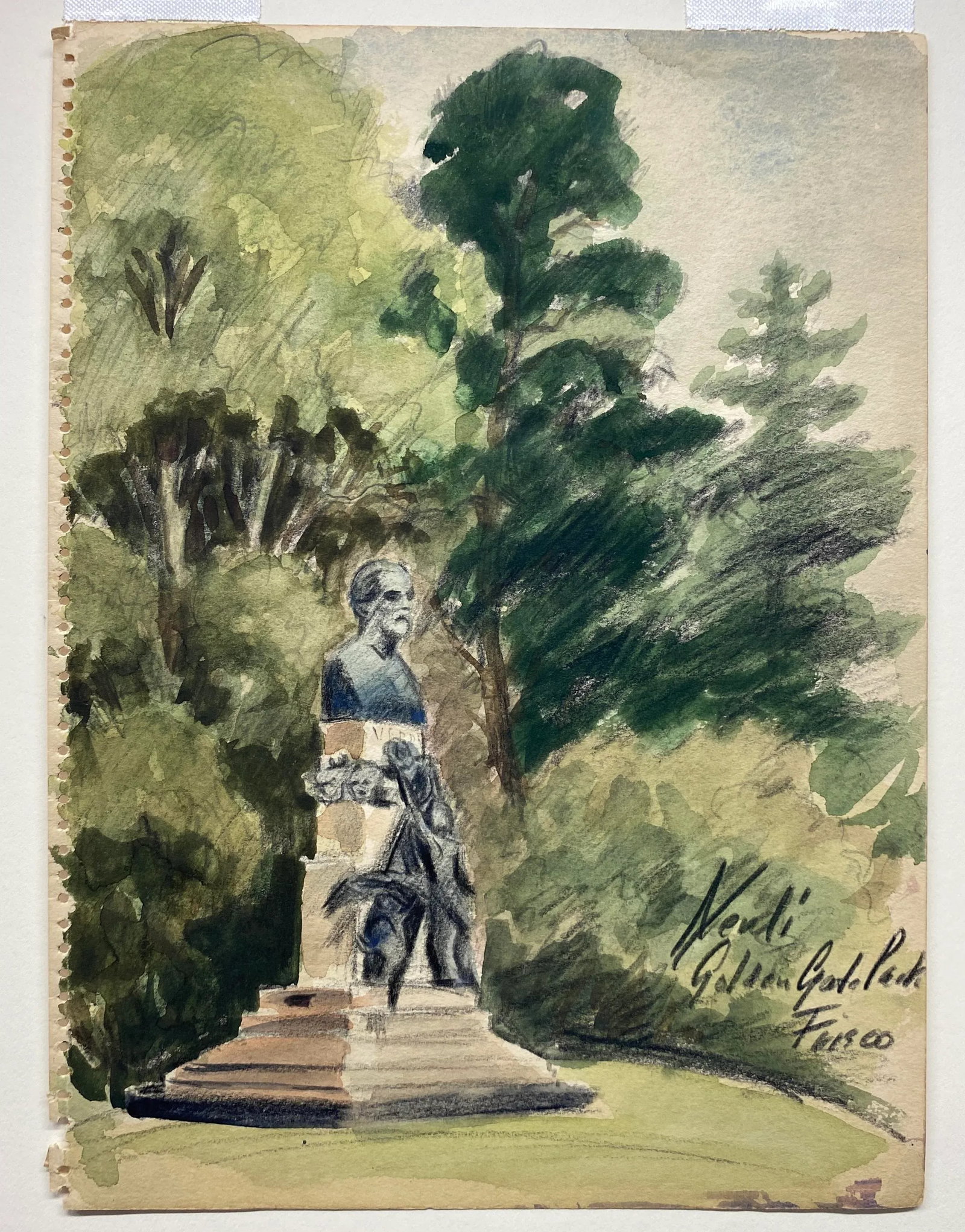 1940s San Francisco Golden Gate Park Verdi Statue Watercolor - 3