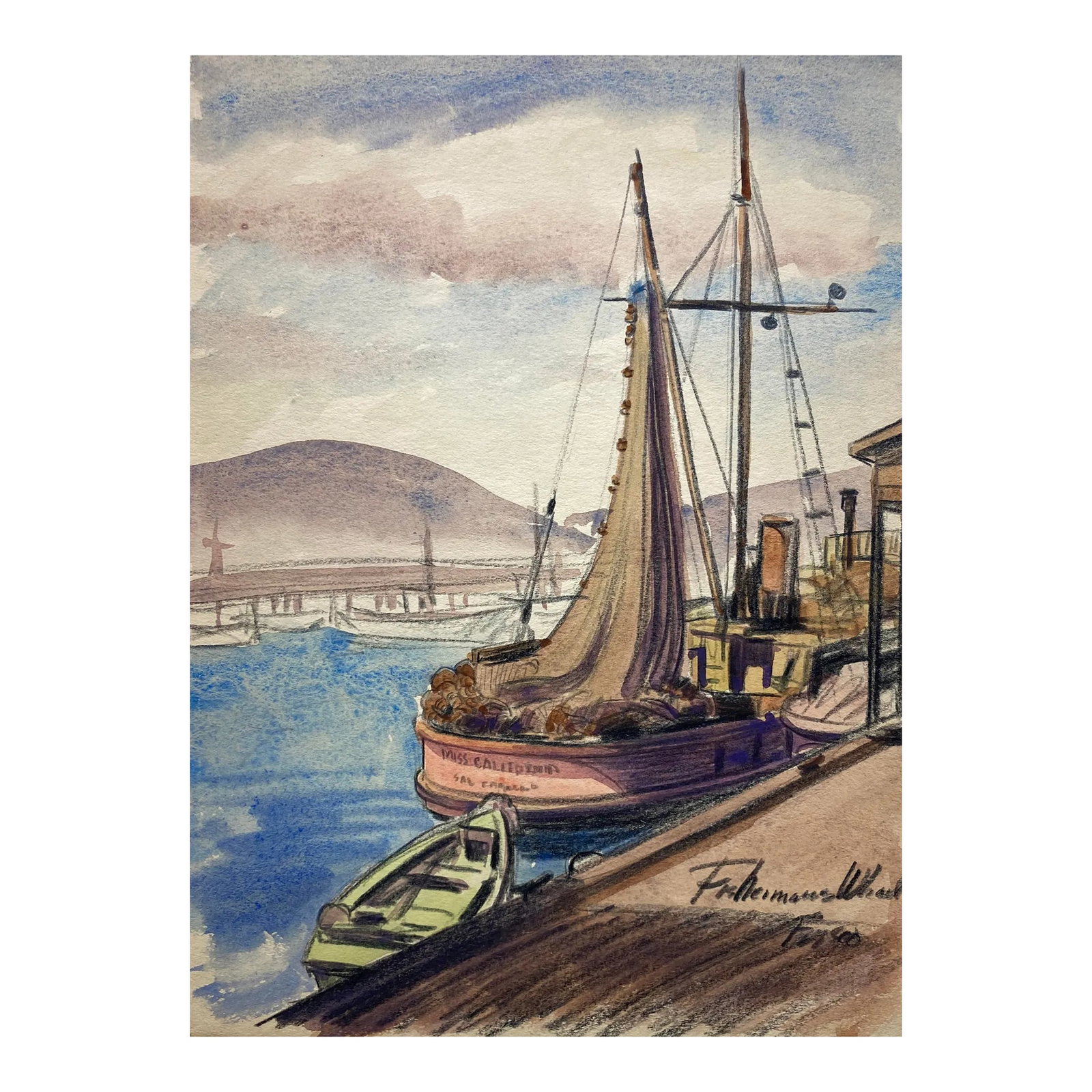 1940s San Francisco Fisherman's Wharf Painting: This is from a group of unsigned paintings of San Francisco, Northern California and Oregon. "Fisherman's Wharf - Frisco" is mixed media watercolor on paper depicting the boat "Miss California." Condi