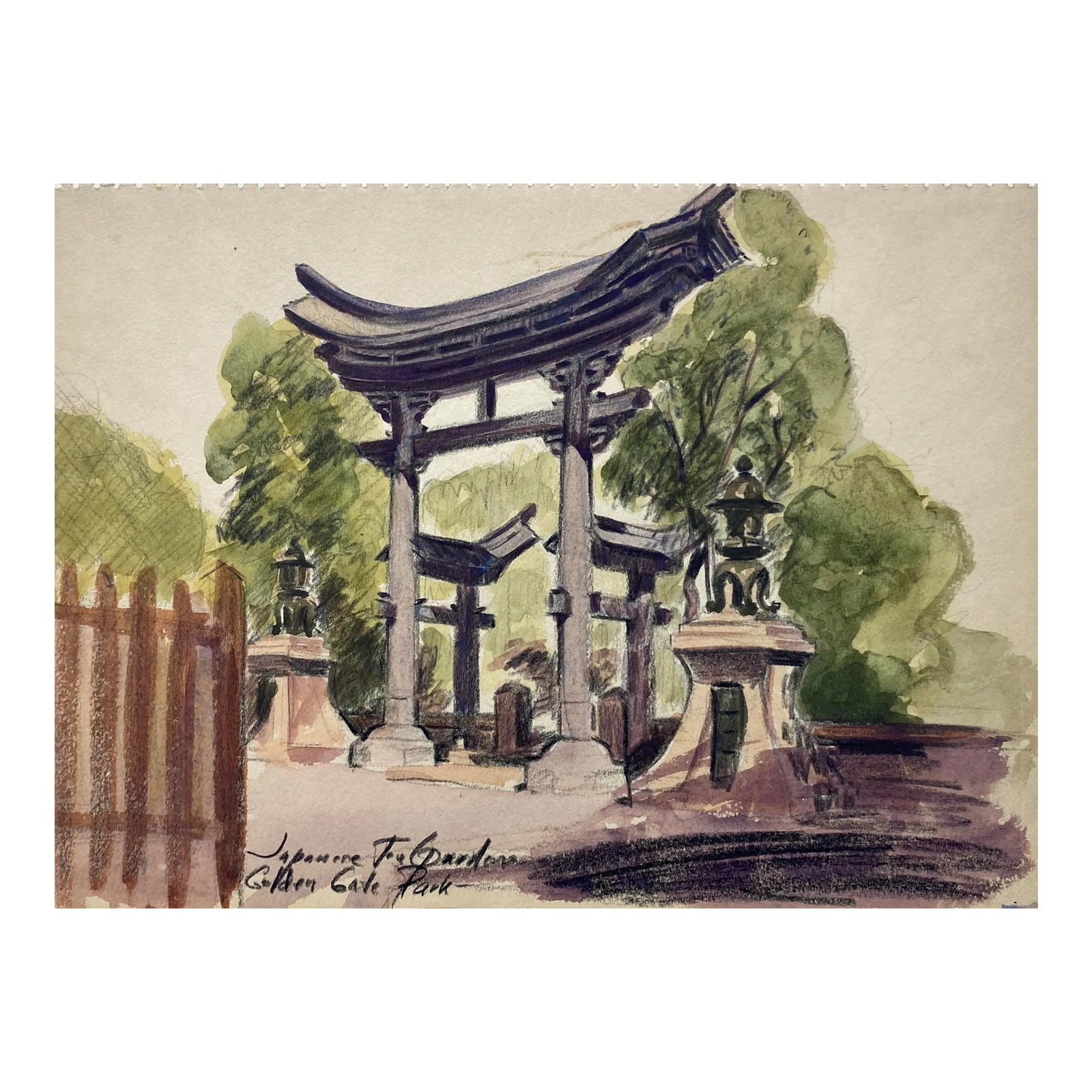1940s San Francisco Painting Golden Gate Park: This is from a group of unsigned paintings of San Francisco, Northern California and Oregon. "Japanese Tea Garden Golden Gate Park" is mixed media watercolor on paper. Condition: Alterations: