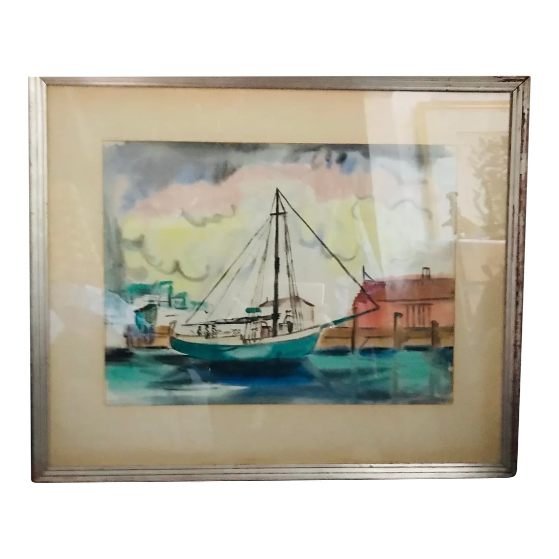 1940s Mid-Century Harold Schultz Signed Painting, Framed: Mid-century signed Harold Schultz watercolor "Coastal Scene". Schultz studied at the Layton School of Art and was a Member of the Chicago Society of Artists and the Art Institute of Chicago. He was