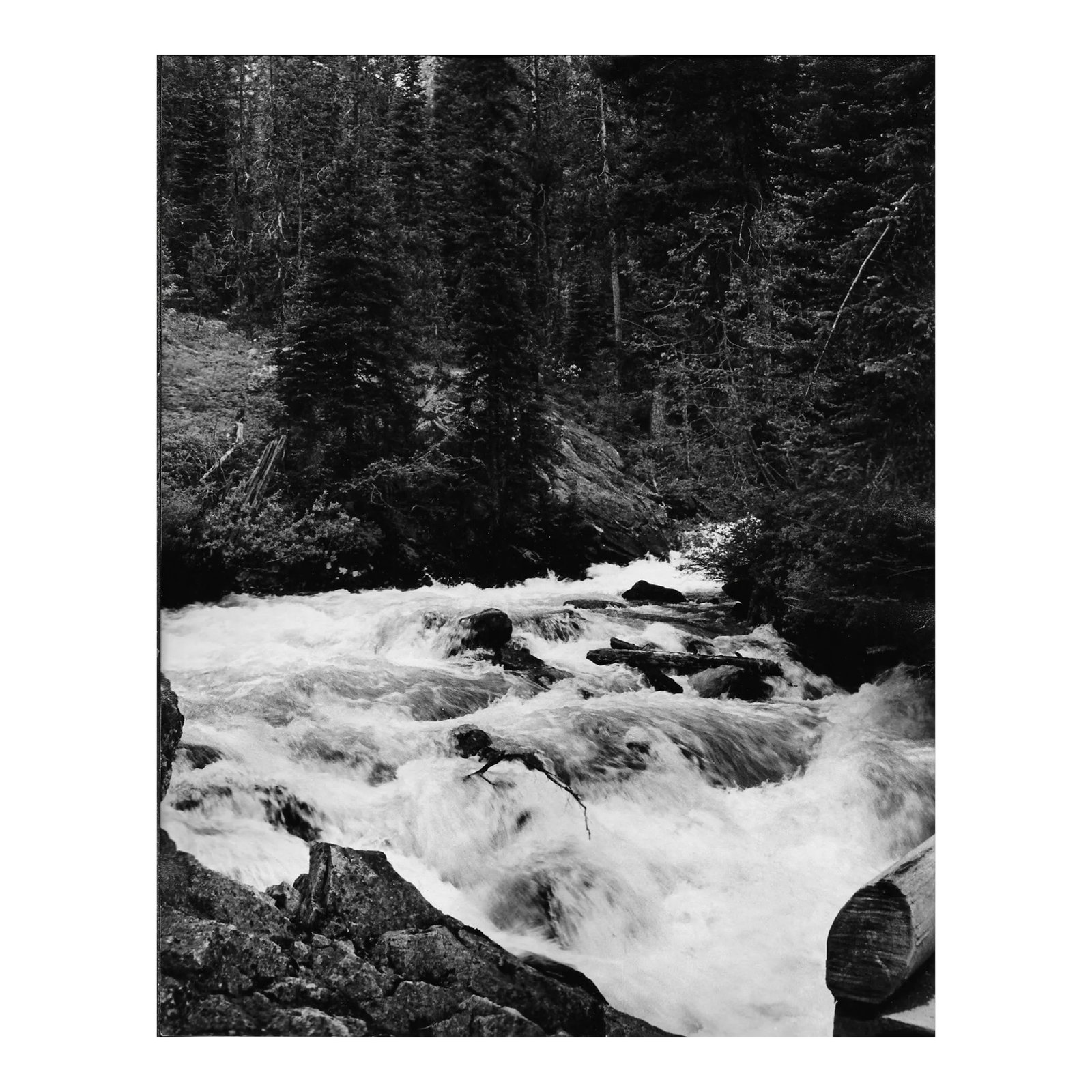 1969 Yellowstone National Park Photograph by Don Ware: 1969 black and white photo by Los Angeles based photographer Don Ware of a Yellowstone National Park river. Titled, dated and bearing Ware's studio stamp on the back. Condition: Alterations: Original