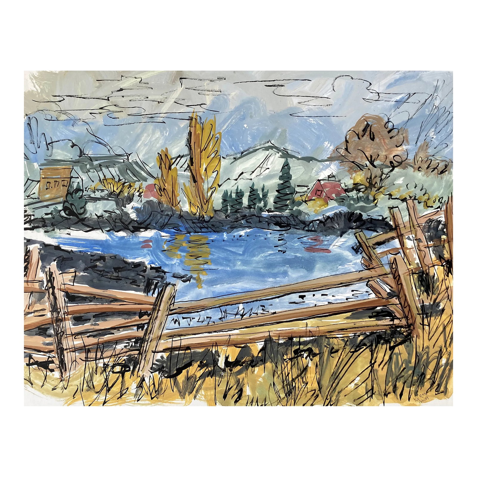 1969 Kermit Poorman Landscape Watercolor: Spokanem, Washington artist Kermit Poorman (1904-1969) waterfront or coastal landscape. Signed lower right "Kerm" and dated 1969. Combined shipping available, please inquire. Shipping times are signif