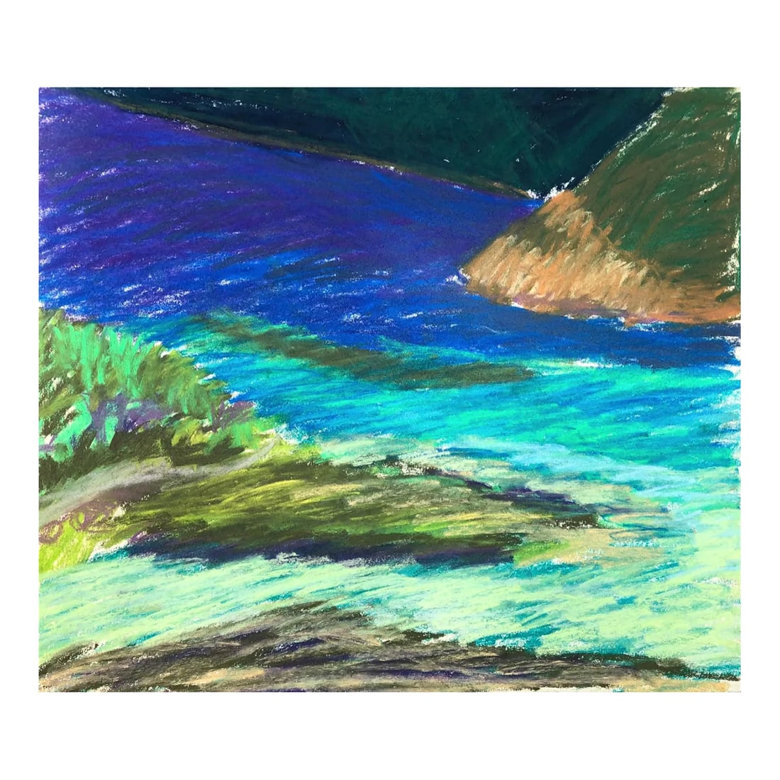 1970s Adrienne Anderson Virgin Islands Pastel: Pastel coastal scene, probably from the British Virgin Islands (based on similar works from the same sketchbook) by Atlanta artist Adrienne Anderson (1949-2020). Anderson earned her MFA from Universit