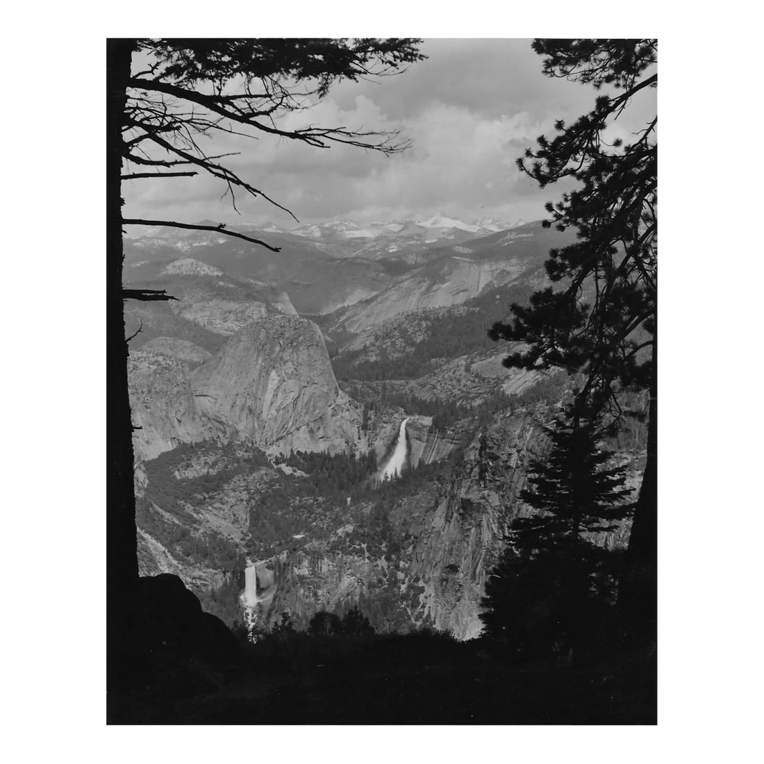 1970s Yosemite National Park Photograph by Don Ware: 1970s black and white photograph by Los Angeles, California based photographer Don Coleman Ware (1921-2006) of an expansive view of Yosemite and two if its waterfalls. Titled, dated and bearing Ware's