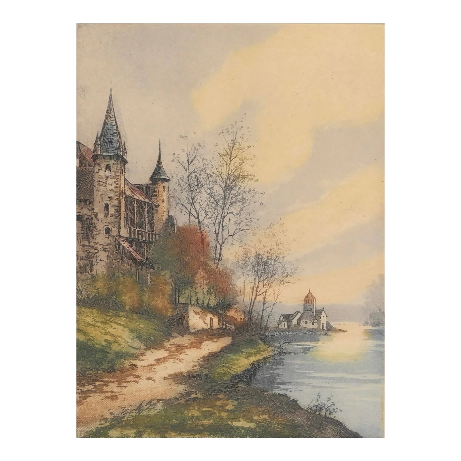 Antique European Castle Hand Colored Etching: Antique colored etching of a castle on a body of water. Signed illegibly lower right. Combined shipping available, please inquire. Shipping times are significantly shorter than Chairish estimates.