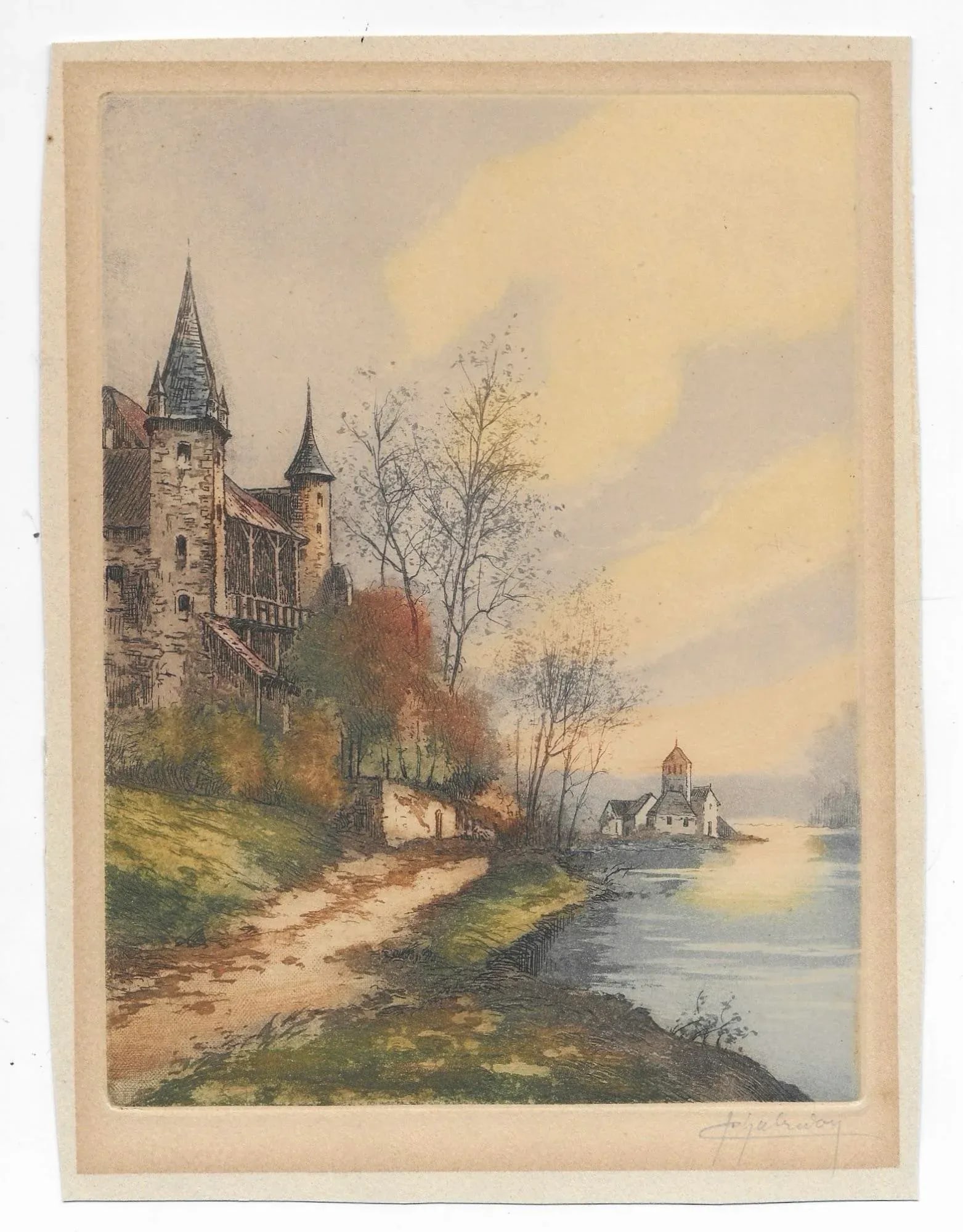 Antique European Castle Hand Colored Etching - 2