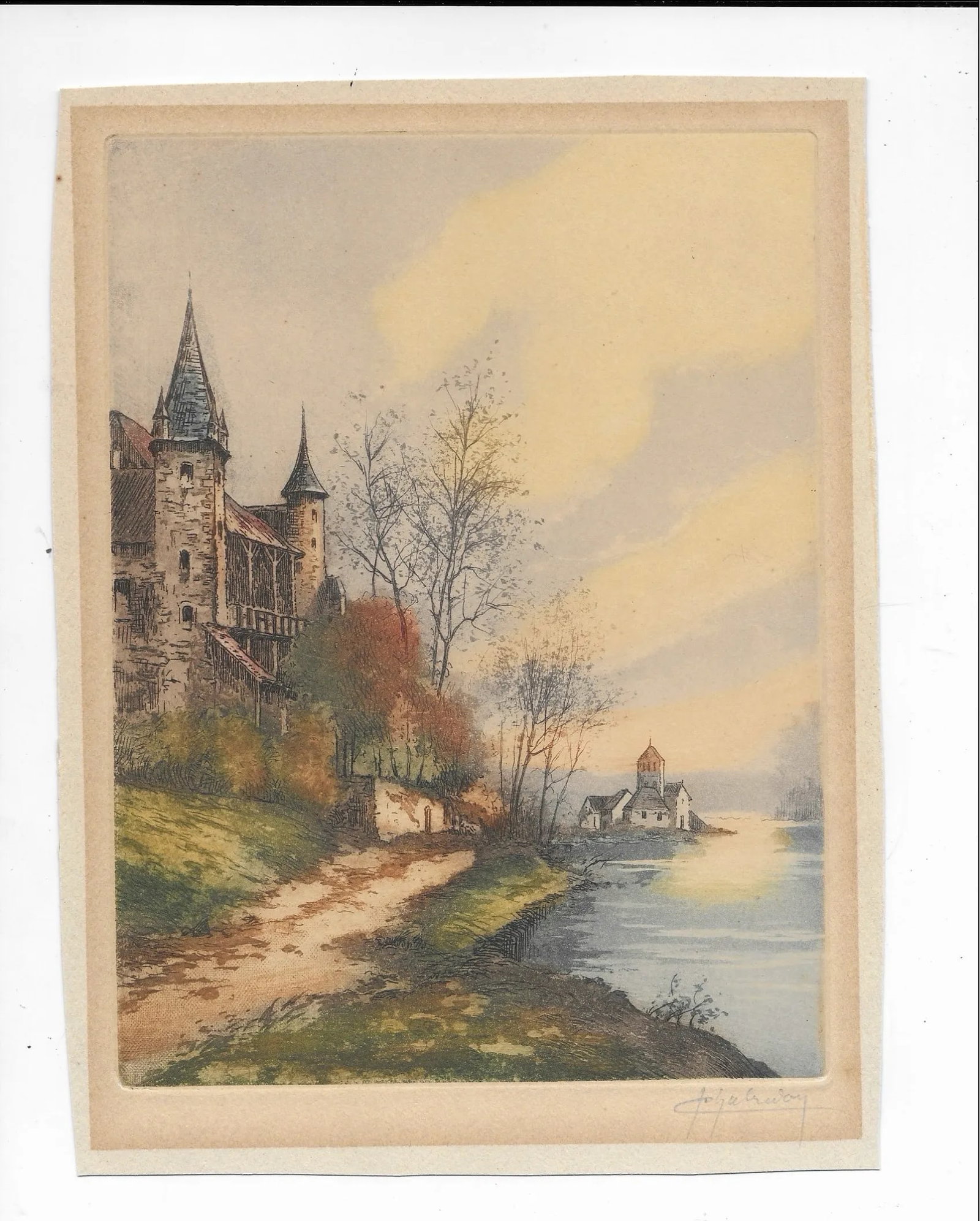 Antique European Castle Hand Colored Etching - 3