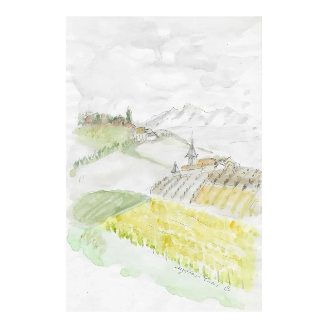 Myriam Can European Mountain Landscape: Watercolor by New York artist Myriam Cahn (1933-2018). Salmagundi Club named an award after her in 2019. Signed lower right. Condition: Alterations: Original Condition Unaltered Imperfections: Some