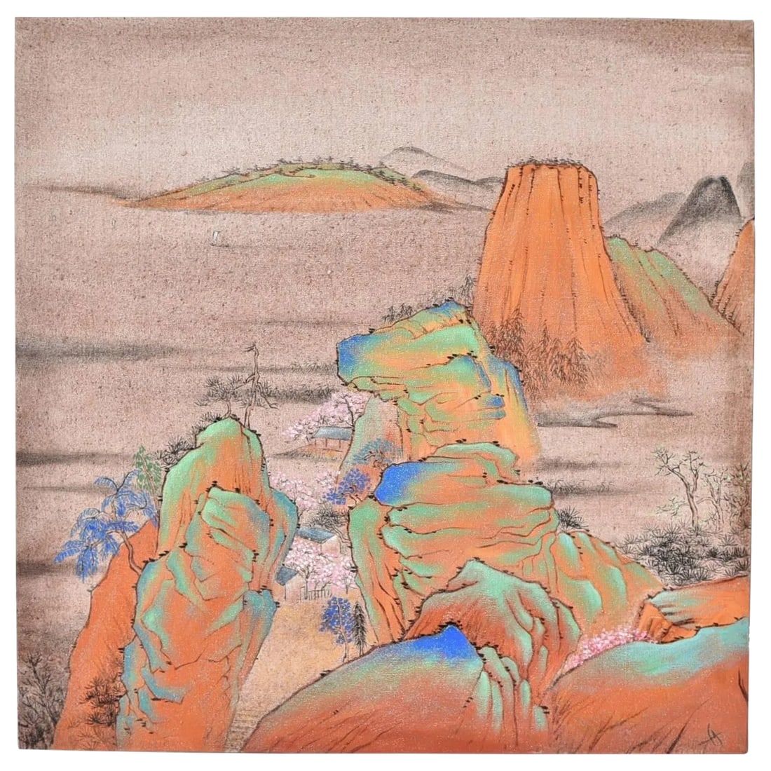 Oil Painting Asian River Scene Signed: A beautiful, hand-painted oil on canvas depicting river scene in Spring. The background is a gorgeous blush color, with the mountain rocks in rust orange. Highlights are done in lapis blue and a