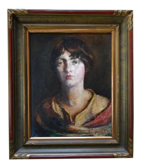 Early 20th Century A.j. Greene "Portrait of a Young Girl": Haunting portrait of a young woman circa 1920s, stylish bob intact. A.J. Greene, "Portrait of a Young Girl." Oil on canvas. Image 16''w x 20''h, with frame 22''w x 27''h. Condition: Alterations: