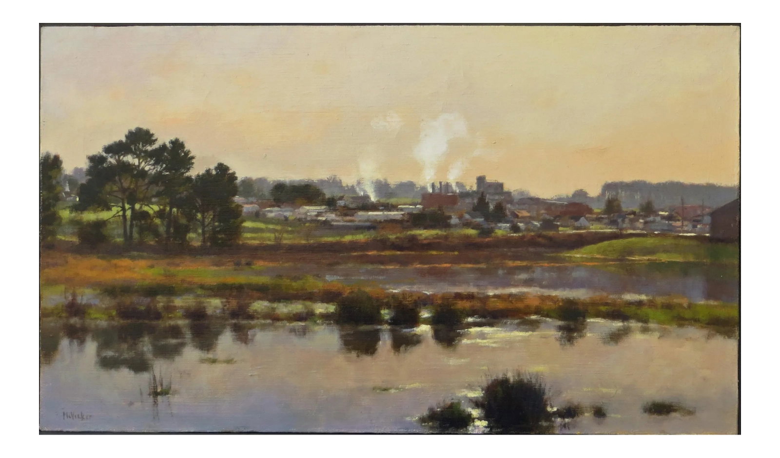 Realist Jim McVicker Plein Air Painting, Loleta Winter: This plein air landscape is by Jim McVicker (1951-). It depicts Northern California, approximately 15 miles South of Eureka in Humboldt County. It is composed of oil on linen and measures 14" x 24" (2