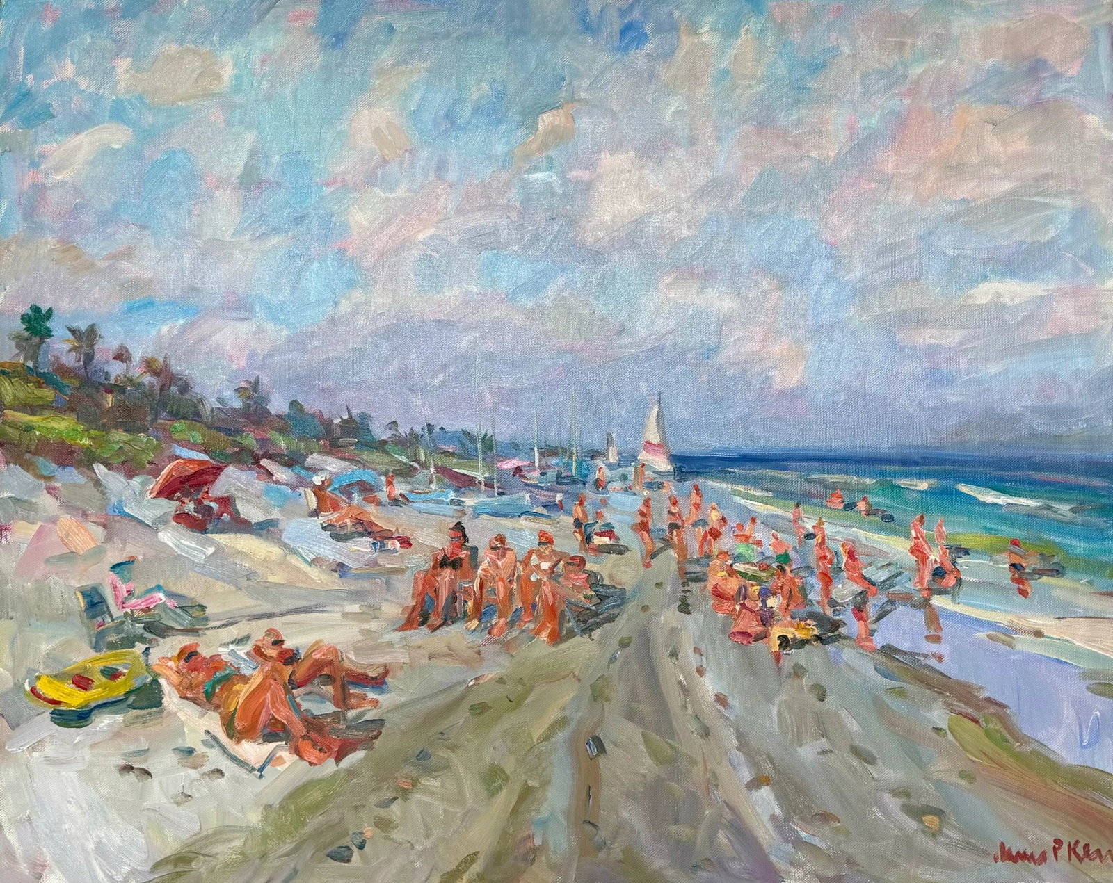 Delray Beach Afternoon Contemporary Coastal Painting by James P. Kerr: 40x50. Oil on canvas by Florida artist James P. Kerr. Delray Beach afternoon in Florida. Signed lower right of painting, signed and inscribed on the back Condition: Alterations: Original Condition Una