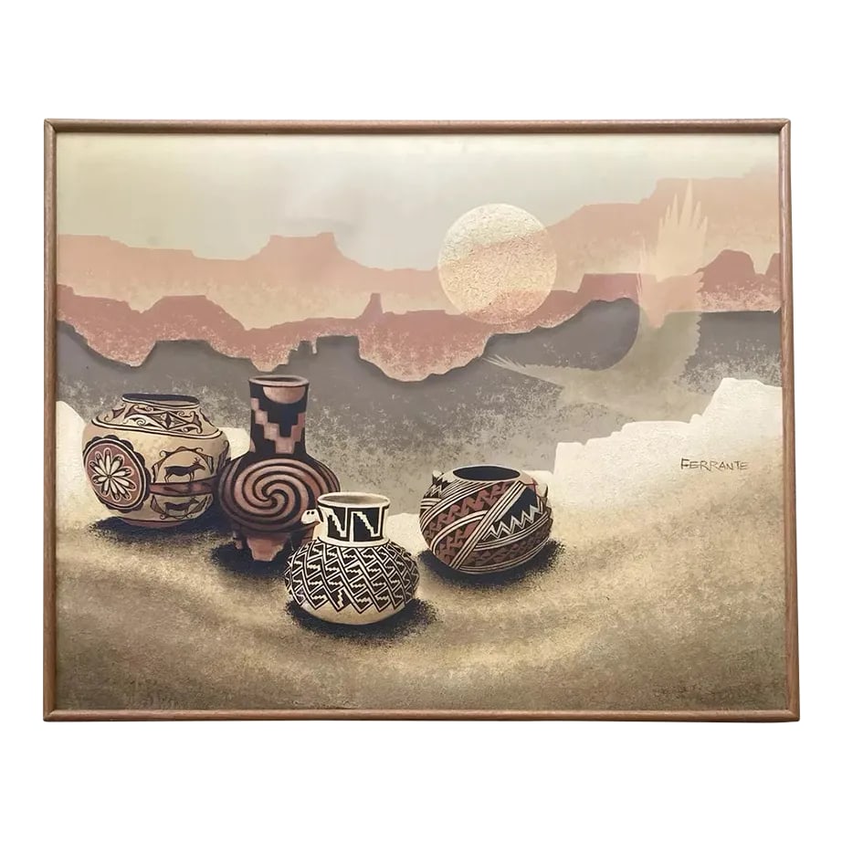 1970s Frank Ferrante Large Framed Original Oil on Canvas, Southwestern Pottery: Frank Ferrante Large Framed Original Oil on Canvas, Southwestern Pottery 50"X40" Good vintage condition. No major wear or damaged noted on canvas art. Frame has scratches and wear. Circa 1970-80s Canv