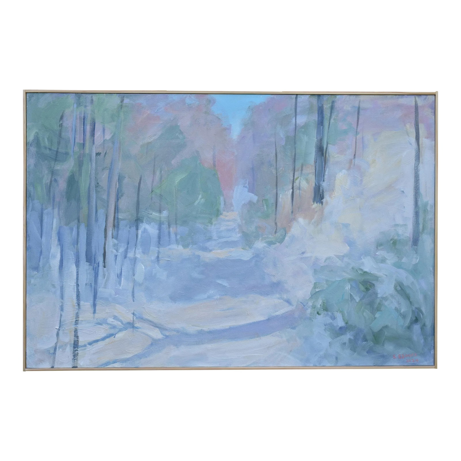Winter Wonderland, by Stephen Remick. Contemporary Loose and Airy Acrylic Landscape Painting,: A bright and airy, light-filled winter woods. Matching how the paint is applied, in an impressionist-like manner, to how the sunlight is reflected throughout the scene. This is professional grade