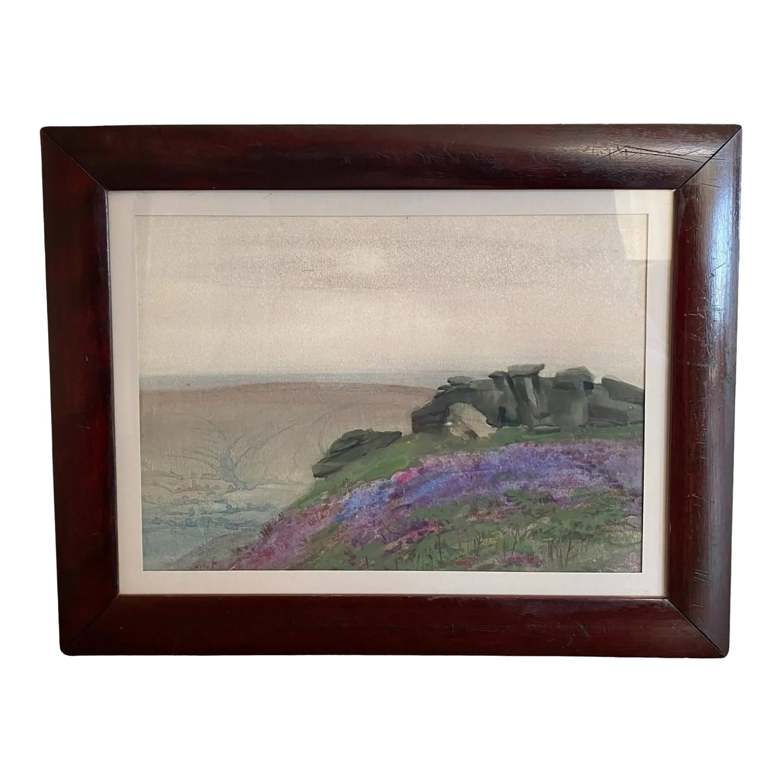 Mid 20th Century Bh Wiles English Countryside Landscape Watercolor, Framed: This exquisite framed painting captures the beauty of an English countryside landscape, featuring vibrant purple flowers that add a pop of color to the serene scene. The artist, BH Wiles (1883-1966),