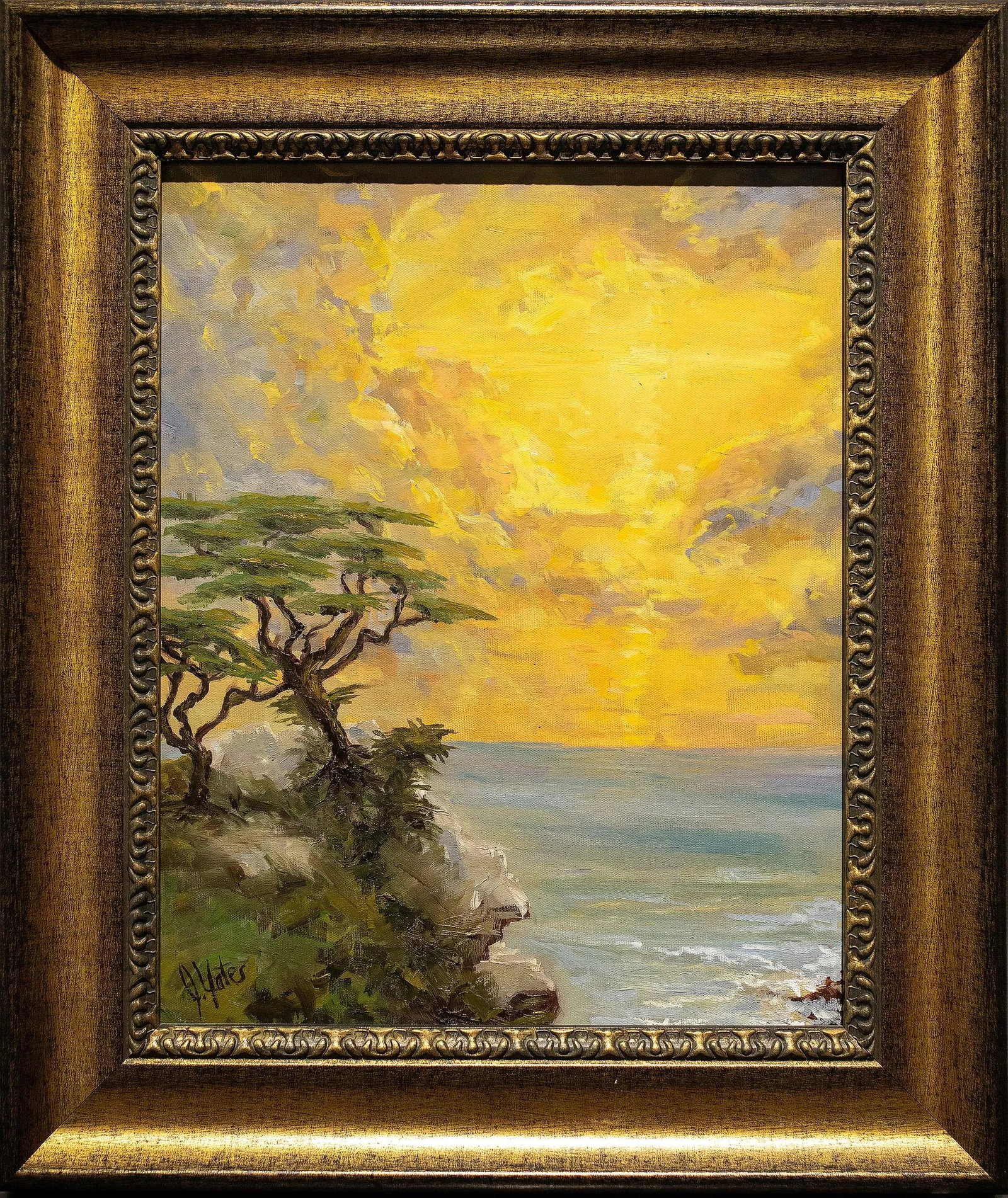 West Coast Carmel, Original Painting, Framed: A drive along California Highway 1 found this beautiful spot where I created West Coast Carmel. It seemed so surreal as I stood there painting this plein air painting. Condition: Imperfections: No Imp