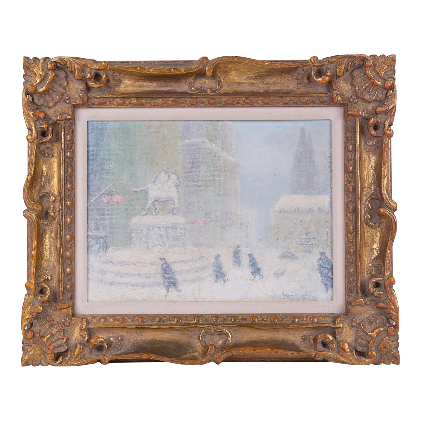 Johann Berthelsen Winter Manhattan Snow Scene, Framed: A very special example of Johann Berthelsen's (American 1883-1972) Iconic Manhattan Winter Snowscenes. Depicting Grand Army Plaza at the Southeast Corner of Central Park & 59th Street. Oil on