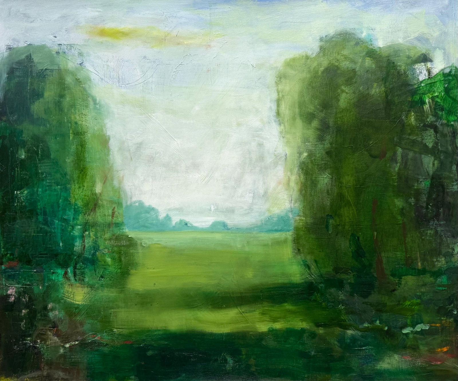 Summer Landscape, Contemporary Naturalistic Landscape Painting by Matt Higgins: It may be hard to believe, but Summer Morning began as a flurry of overlapping text and expressive black-and-white oil paint. Seeking solace amidst the chaos of emotive words, Higgins turned to the