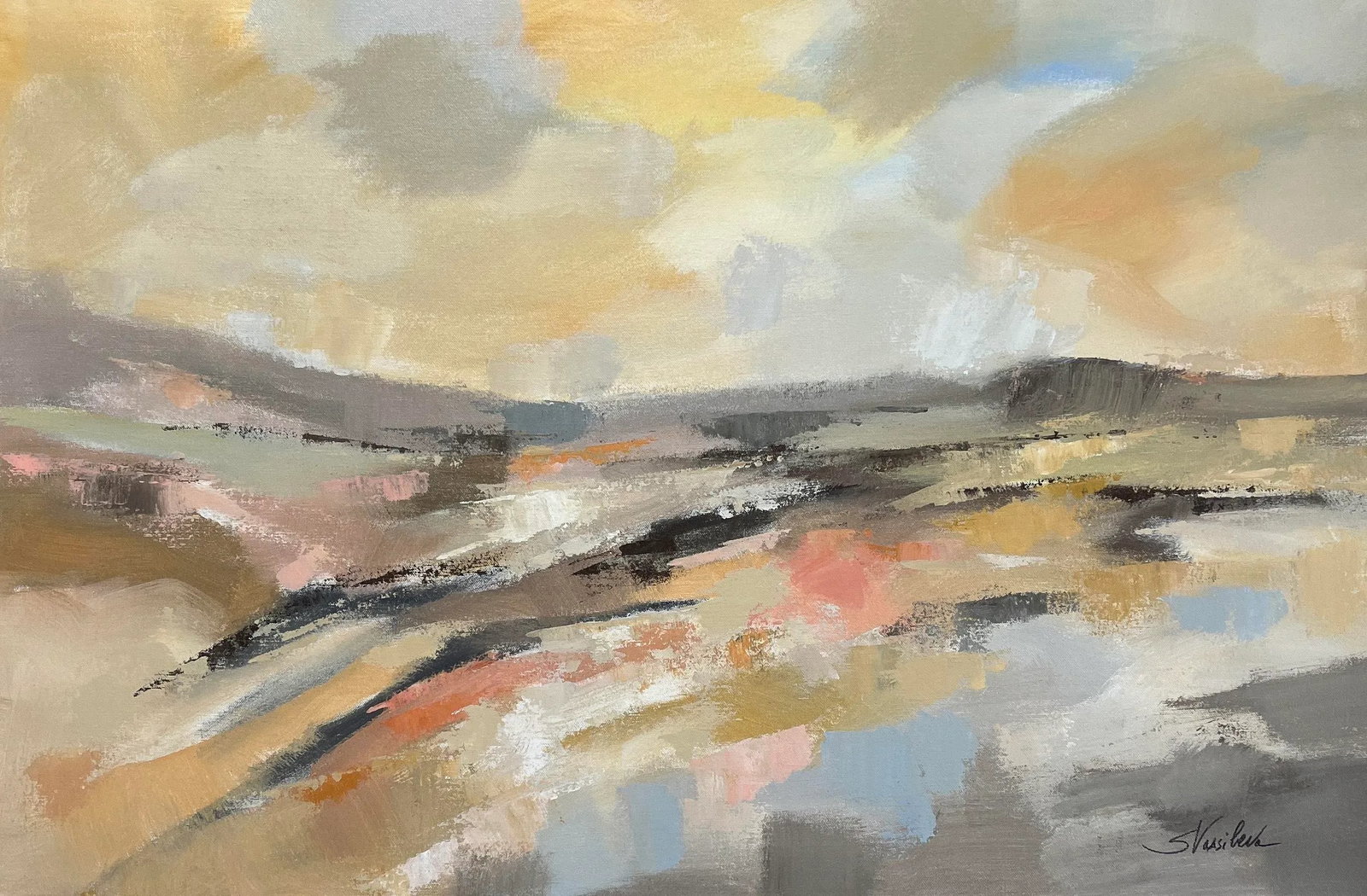 Abstract Landscape, Sunlit River, Contemporary Acrylic Painting: This original abstract landscape by a renown contemporary USA artist is brimming with joy and energy. It is featuring rolling hills and a river bathed in the golden glow of summer sunshine. A warm col