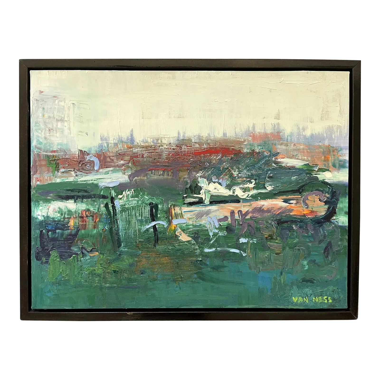 Emerald Skye, Original Oil Painting, Abstract Expressionism; By Van Ness: Emerald Sky, Original Oil Painting, Framed, by Van Ness 26"x20"x3", Wood frame. A fun abstract oil painting that adds a pop of color to any room. As seen in galleries in CA, FL, MO & KS. Worldwide buy