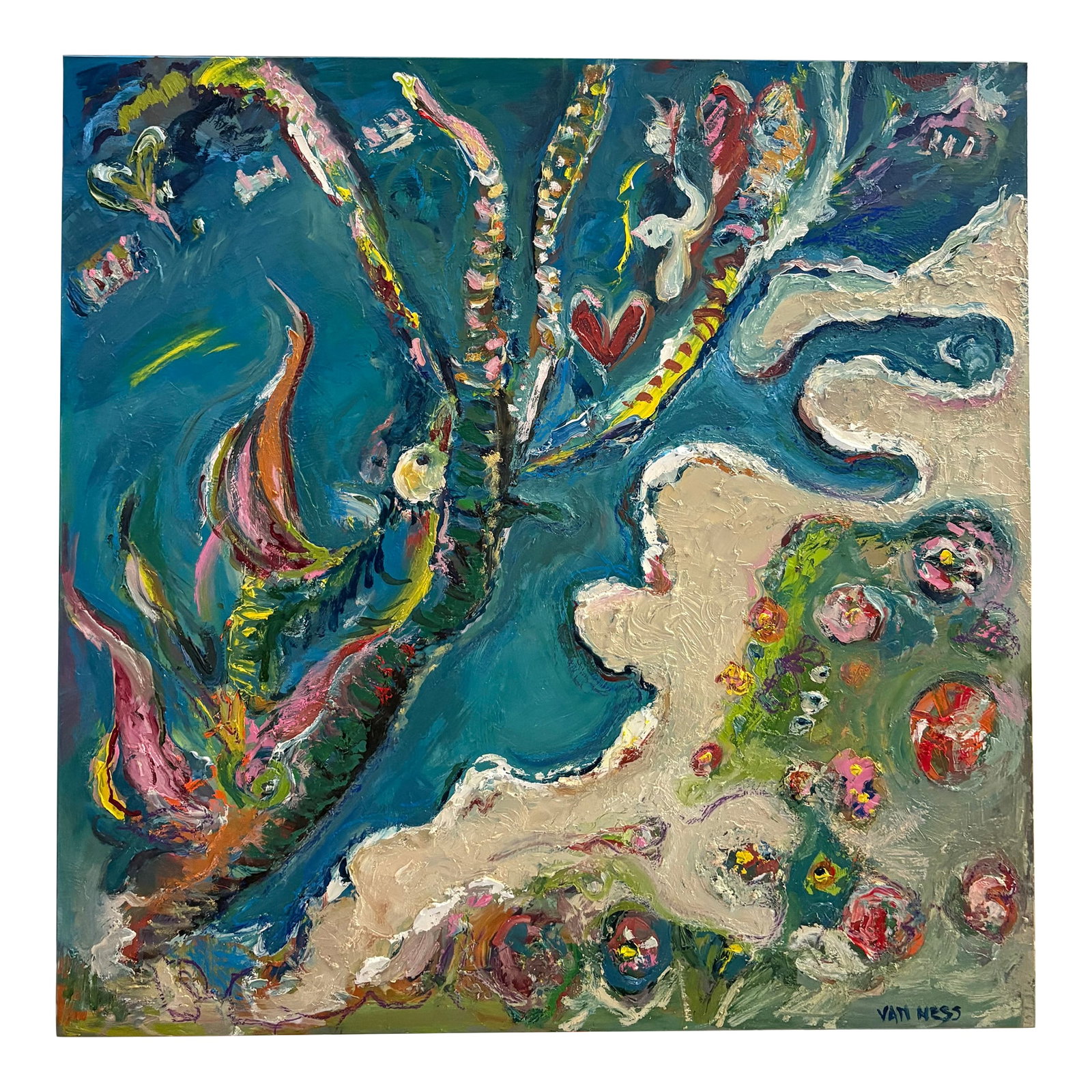 Aerial Seascape Abstract, Original Oil Painting, Rare Art: Abstract Art, Original Oil Painting, 27"x27", by Van Ness Oil on 2" board, ready to hang. Can be hung four ways. No frame needed. An arial view from a cliff in Italy. Artist's Statement... As seen in 
