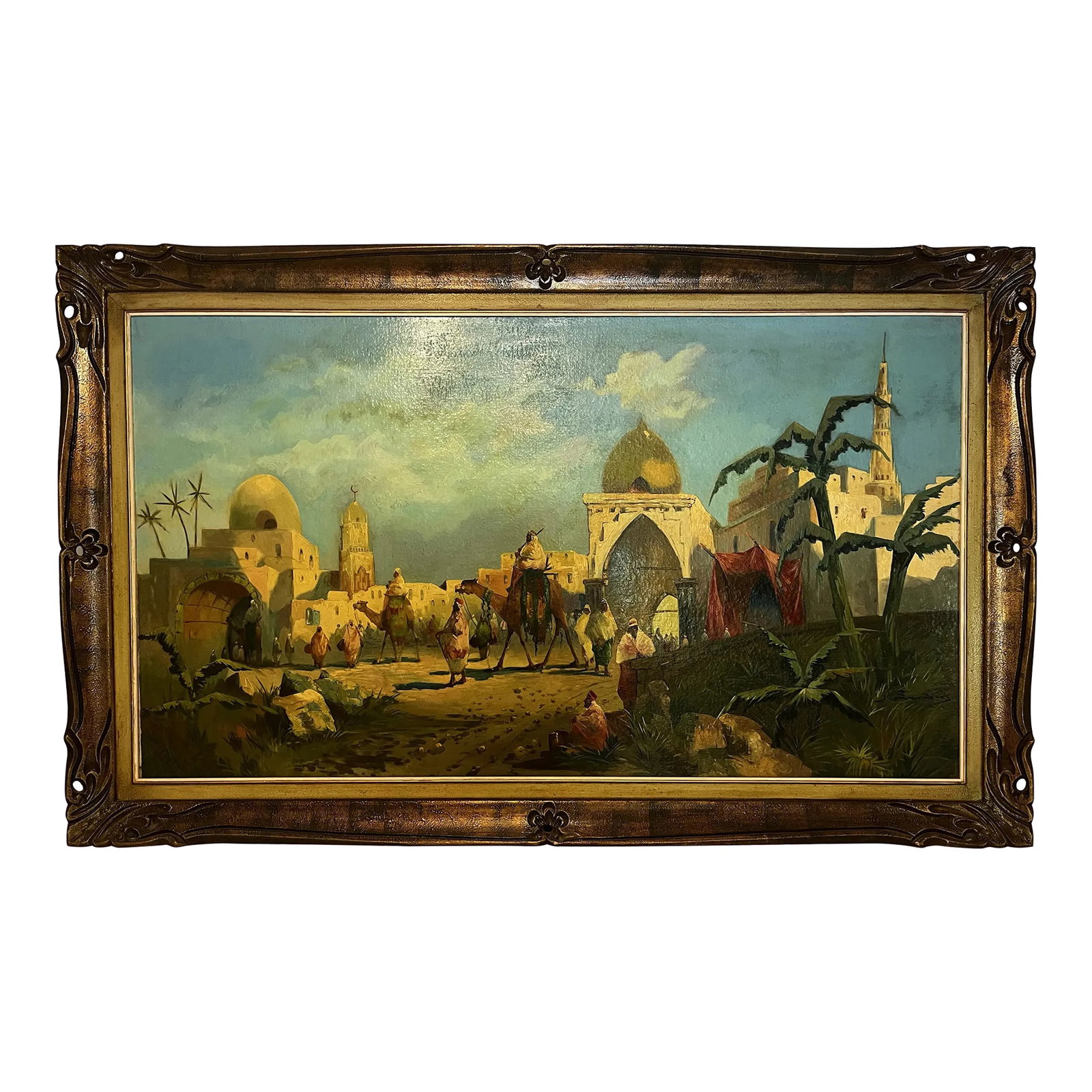 Vintage Orientalist Painting: Fantastic Orientalist painting, probably early/mid 20th century. Large-scale scene of an Arabic walled city with a procession of people walking and riders on camels entering through the arched gate