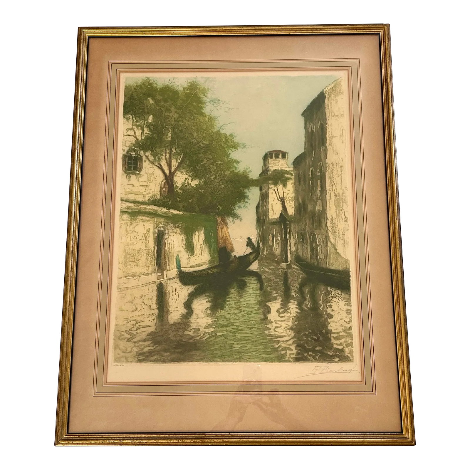 French Hand Colored Limited Edition Etching by Barlangue, Venice Crossing the Canal, Signed: Large hand colored etching by French artist Barlangue titled Venice Crossing the Canal. Limited edition artist proof 164/250. Signed by artist lower right. Professionally framed with French matting. N