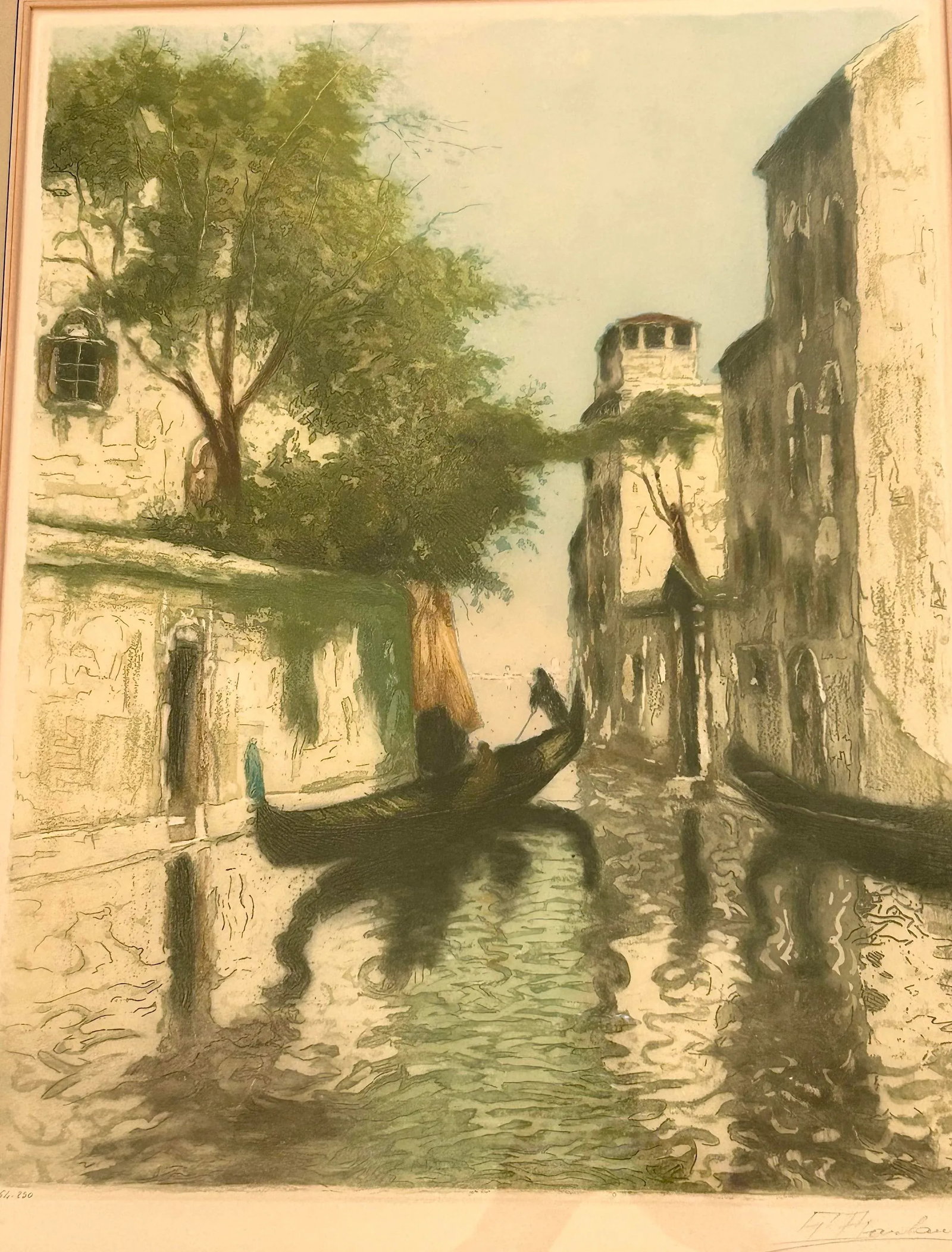 French Hand Colored Limited Edition Etching by Barlangue, Venice Crossing the Canal, Signed - 2