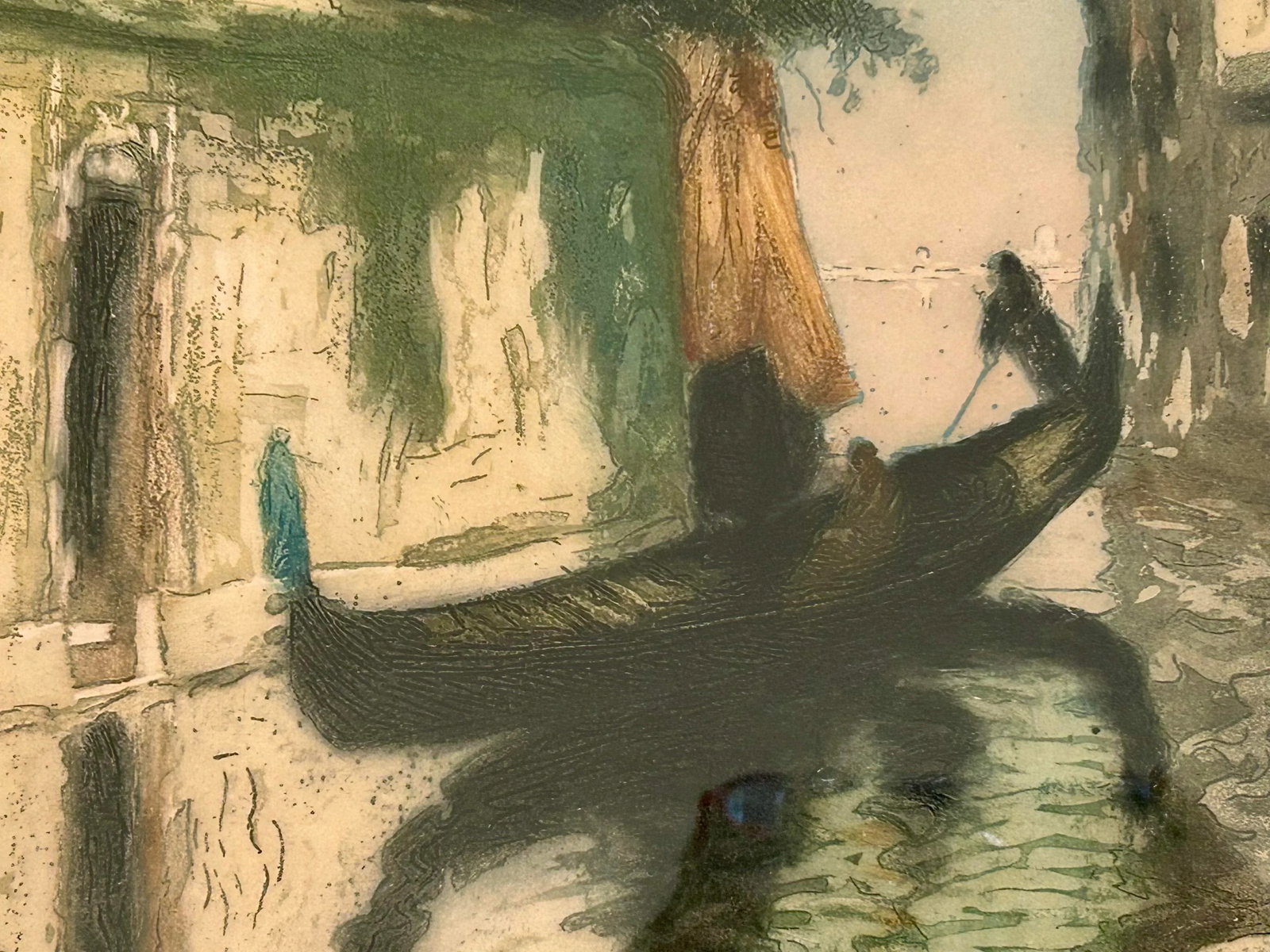 French Hand Colored Limited Edition Etching by Barlangue, Venice Crossing the Canal, Signed - 5